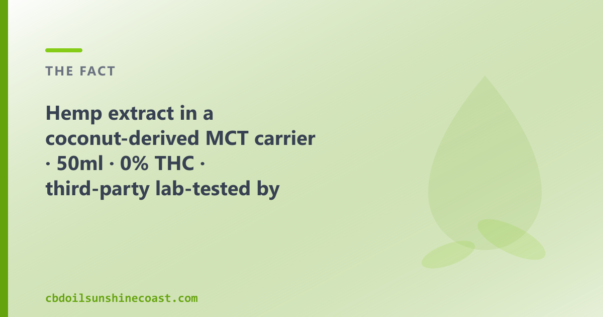 Hemp extract in a coconut-derived MCT carrier, 50ml, 0% THC, lab-tested by batch, across QLD